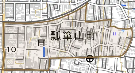 瓢箪山町とその周辺の地図。町の範囲を重ねている