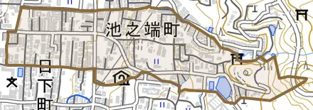 池之端町とその周辺の地図。町の範囲を重ねている