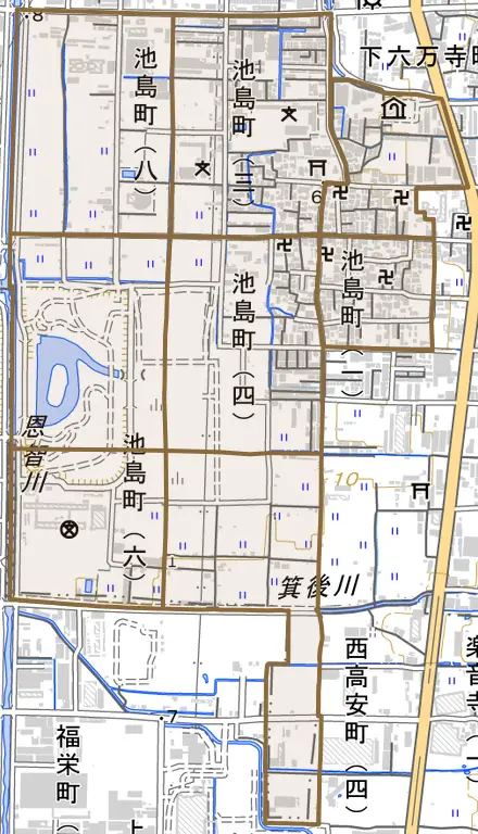 池島町とその周辺の地図。町の範囲を重ねている