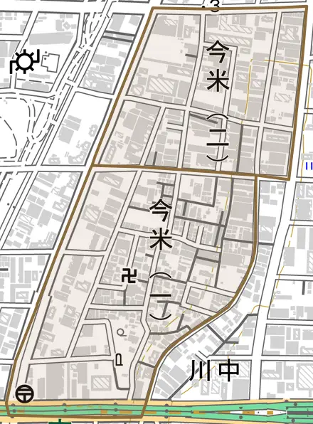 今米とその周辺の地図。町の範囲を重ねている