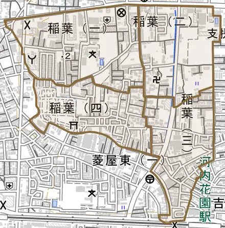 稲葉とその周辺の地図。町の範囲を重ねている