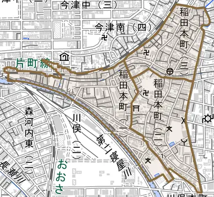稲田本町とその周辺の地図。町の範囲を重ねている