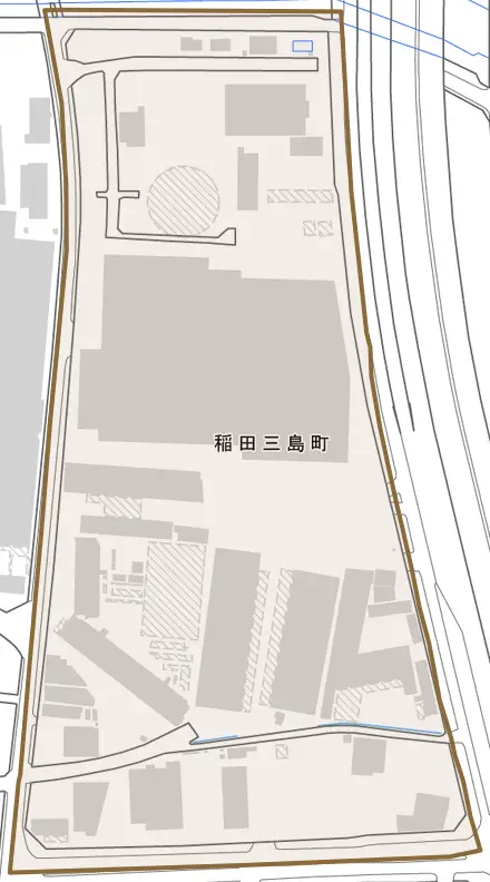 稲田三島町とその周辺の地図。町の範囲を重ねている