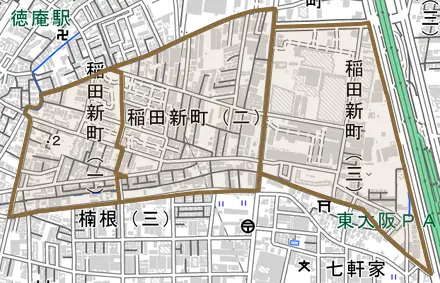 稲田新町とその周辺の地図。町の範囲を重ねている