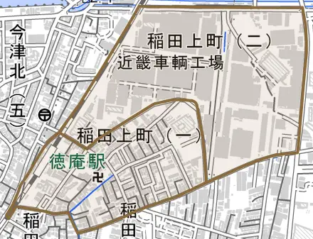 稲田上町とその周辺の地図。町の範囲を重ねている