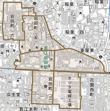 岩田町とその周辺の地図。町の範囲を重ねている