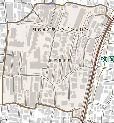 出雲井本町とその周辺の地図。町の範囲を重ねている