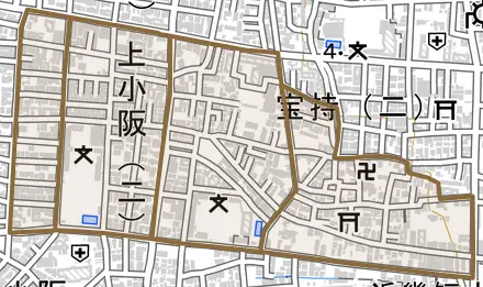 上小阪とその周辺の地図。町の範囲を重ねている