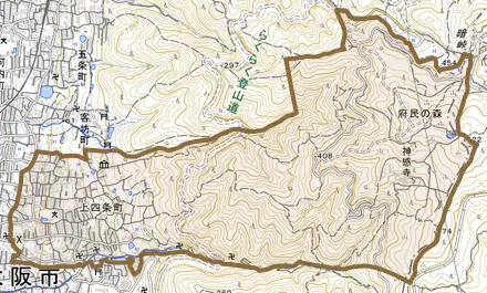 上四条町とその周辺の地図。町の範囲を重ねている