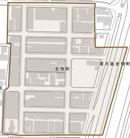 金物町とその周辺の地図。町の範囲を重ねている