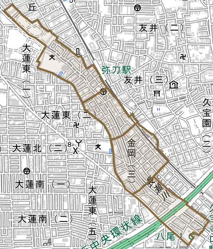 金岡とその周辺の地図。町の範囲を重ねている