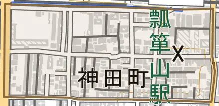 神田町とその周辺の地図。町の範囲を重ねている