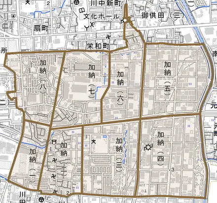 加納とその周辺の地図。町の範囲を重ねている