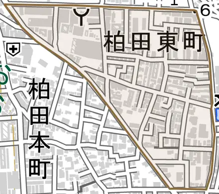 柏田東町とその周辺の地図。町の範囲を重ねている