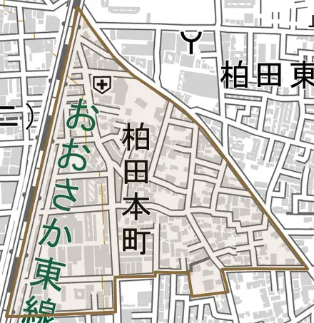 柏田本町とその周辺の地図。町の範囲を重ねている