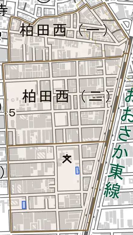 柏田西とその周辺の地図。町の範囲を重ねている