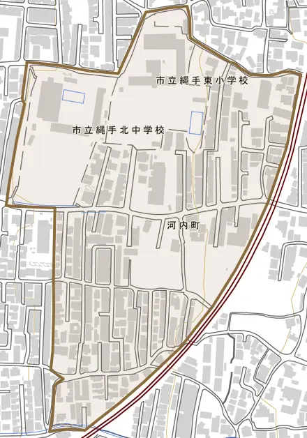 河内町とその周辺の地図。町の範囲を重ねている