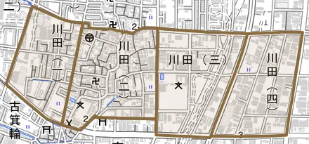 川田とその周辺の地図。町の範囲を重ねている