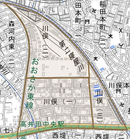 川俣とその周辺の地図。町の範囲を重ねている