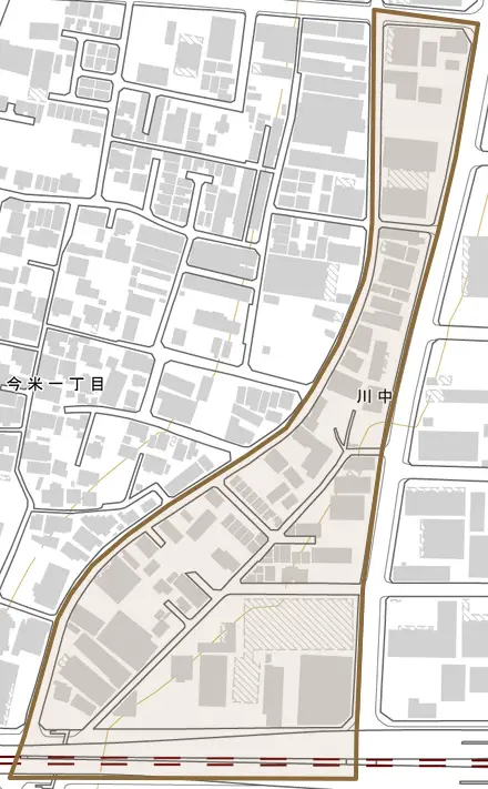 川中とその周辺の地図。町の範囲を重ねている