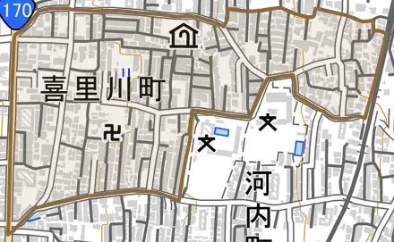 喜里川町とその周辺の地図。町の範囲を重ねている