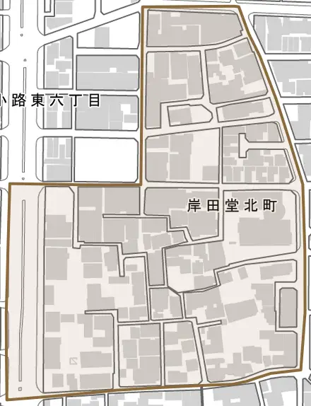 岸田堂北町とその周辺の地図。町の範囲を重ねている