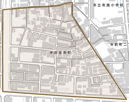 岸田堂南町とその周辺の地図。町の範囲を重ねている