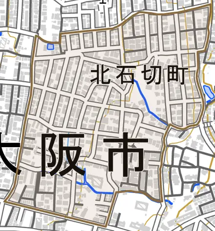 北石切町とその周辺の地図。町の範囲を重ねている