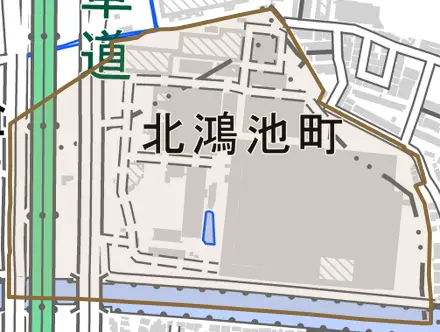 北鴻池町とその周辺の地図。町の範囲を重ねている