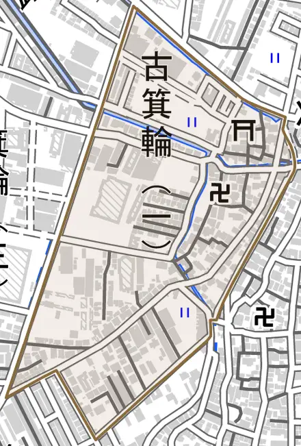 古箕輪とその周辺の地図。町の範囲を重ねている