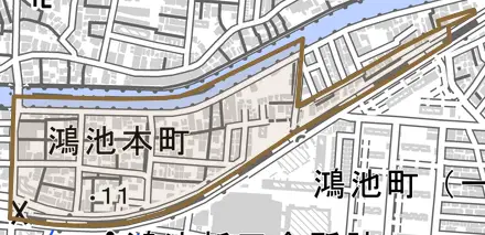 鴻池本町とその周辺の地図。町の範囲を重ねている
