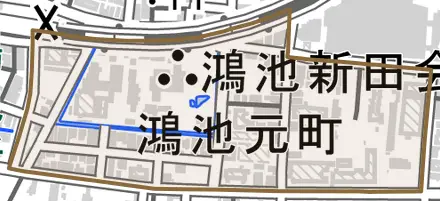 鴻池元町とその周辺の地図。町の範囲を重ねている