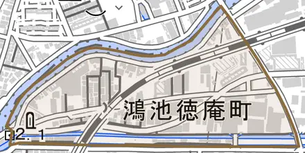 鴻池徳庵町とその周辺の地図。町の範囲を重ねている