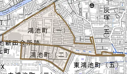 鴻池町とその周辺の地図。町の範囲を重ねている