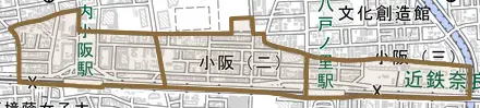 小阪とその周辺の地図。町の範囲を重ねている