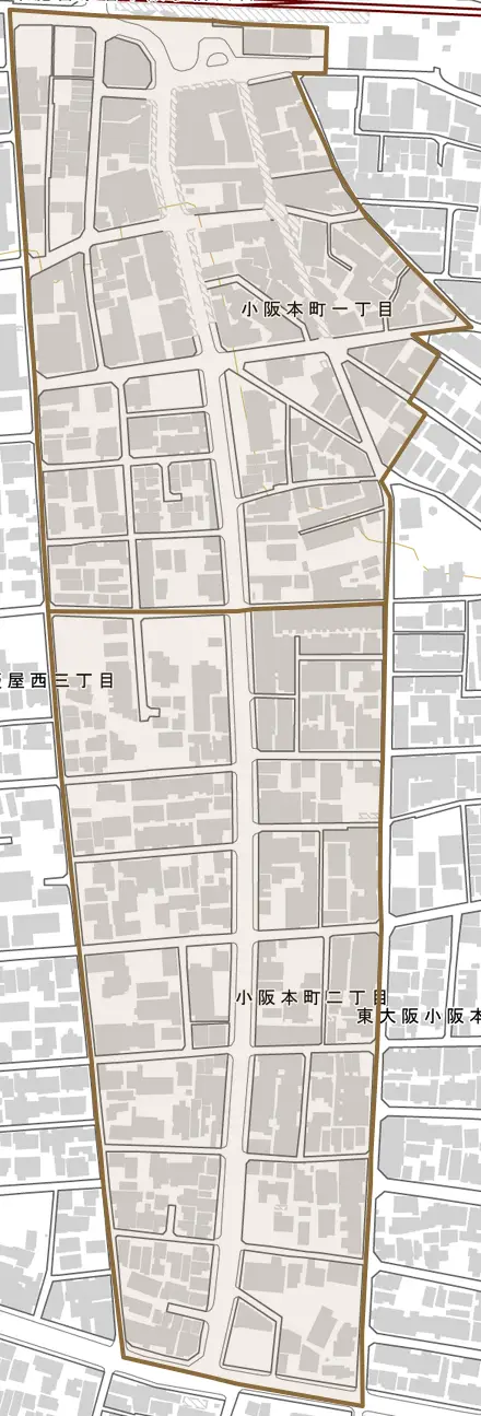 小阪本町とその周辺の地図。町の範囲を重ねている