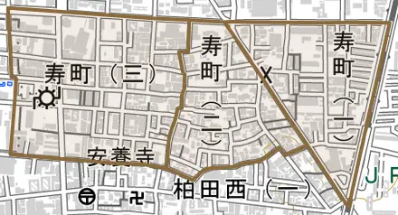 寿町とその周辺の地図。町の範囲を重ねている
