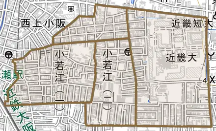 小若江とその周辺の地図。町の範囲を重ねている