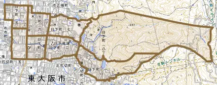 日下町とその周辺の地図。町の範囲を重ねている