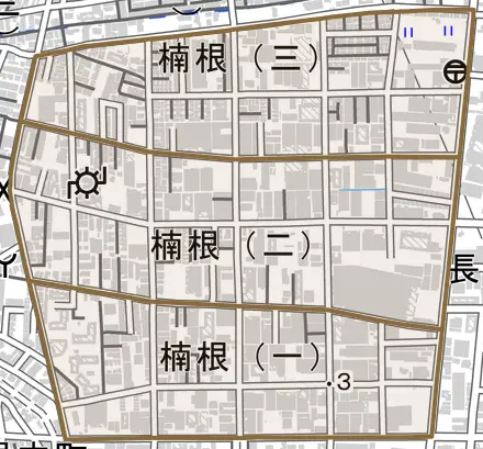 楠根とその周辺の地図。町の範囲を重ねている
