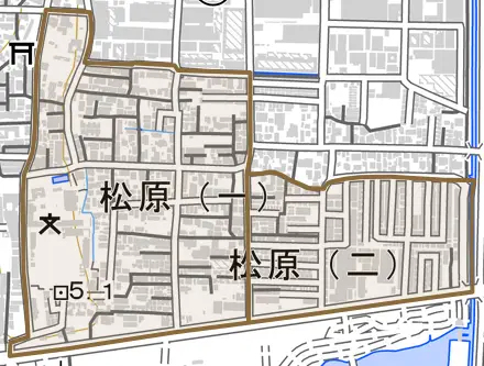 松原とその周辺の地図。町の範囲を重ねている