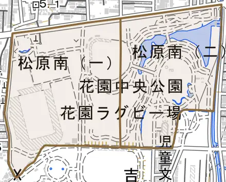 松原南とその周辺の地図。町の範囲を重ねている