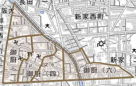 御厨とその周辺の地図。町の範囲を重ねている
