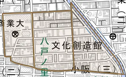 御厨南とその周辺の地図。町の範囲を重ねている