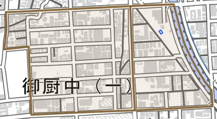 御厨中とその周辺の地図。町の範囲を重ねている