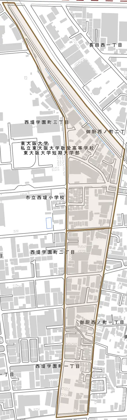 御厨西ノ町とその周辺の地図。町の範囲を重ねている
