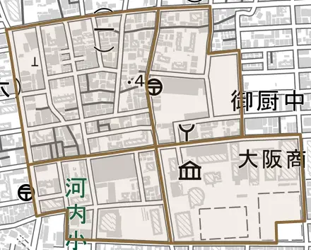 御厨栄町とその周辺の地図。町の範囲を重ねている