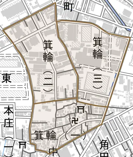 箕輪とその周辺の地図。町の範囲を重ねている