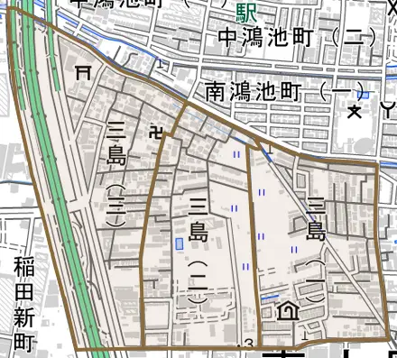 三島とその周辺の地図。町の範囲を重ねている