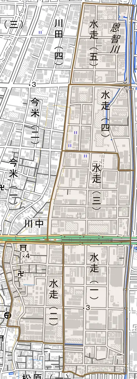 水走とその周辺の地図。町の範囲を重ねている
